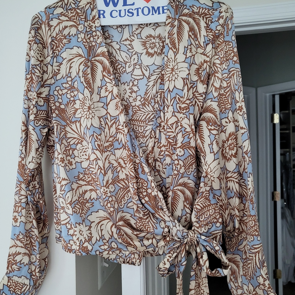 Rachel Zoe Brown and Cream Wrap Blouse with Tie Front